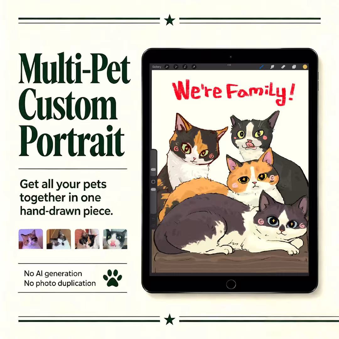 Custom Multi-Pet Portrait Together in One Drawing | Personalized Hand-Drawn Pet Memorial Gift | Digital or Framed | No AI