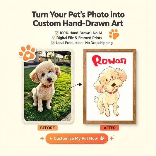 Personalized Hand Drawn Pet Portrait | Custom Pet Memorial Gift | Digital Download or Framed Art | No AI
