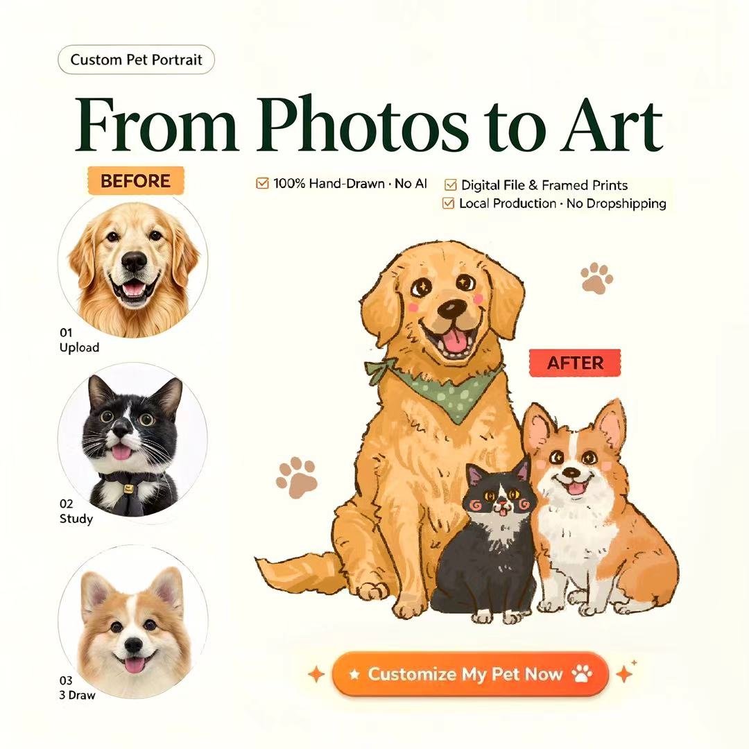 Custom Multi-Pet Portrait Together in One Drawing | Personalized Hand-Drawn Pet Memorial Gift | Digital or Framed | No AI