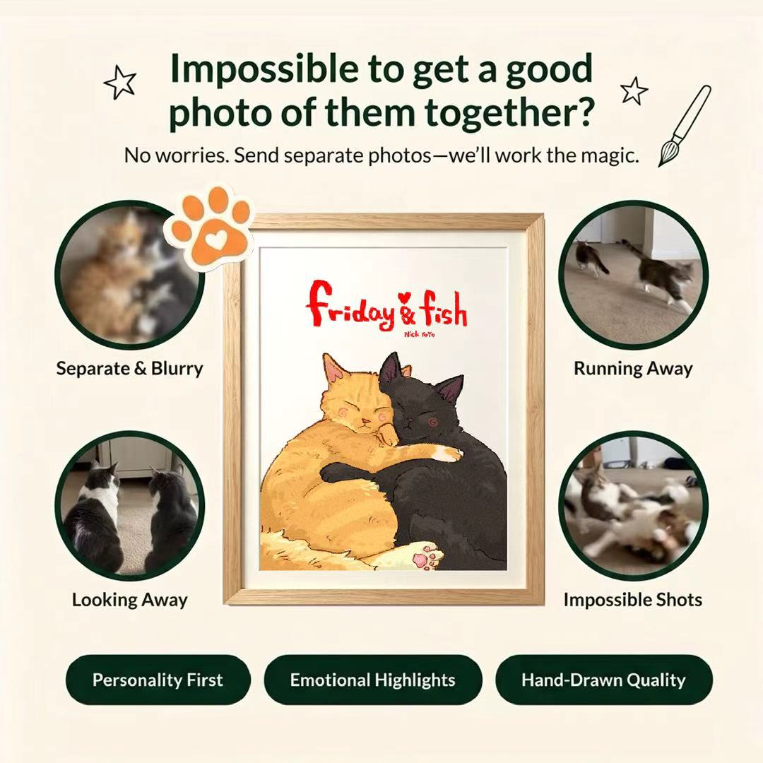 Custom Multi-Pet Portrait Together in One Drawing | Personalized Hand-Drawn Pet Memorial Gift | Digital or Framed | No AI